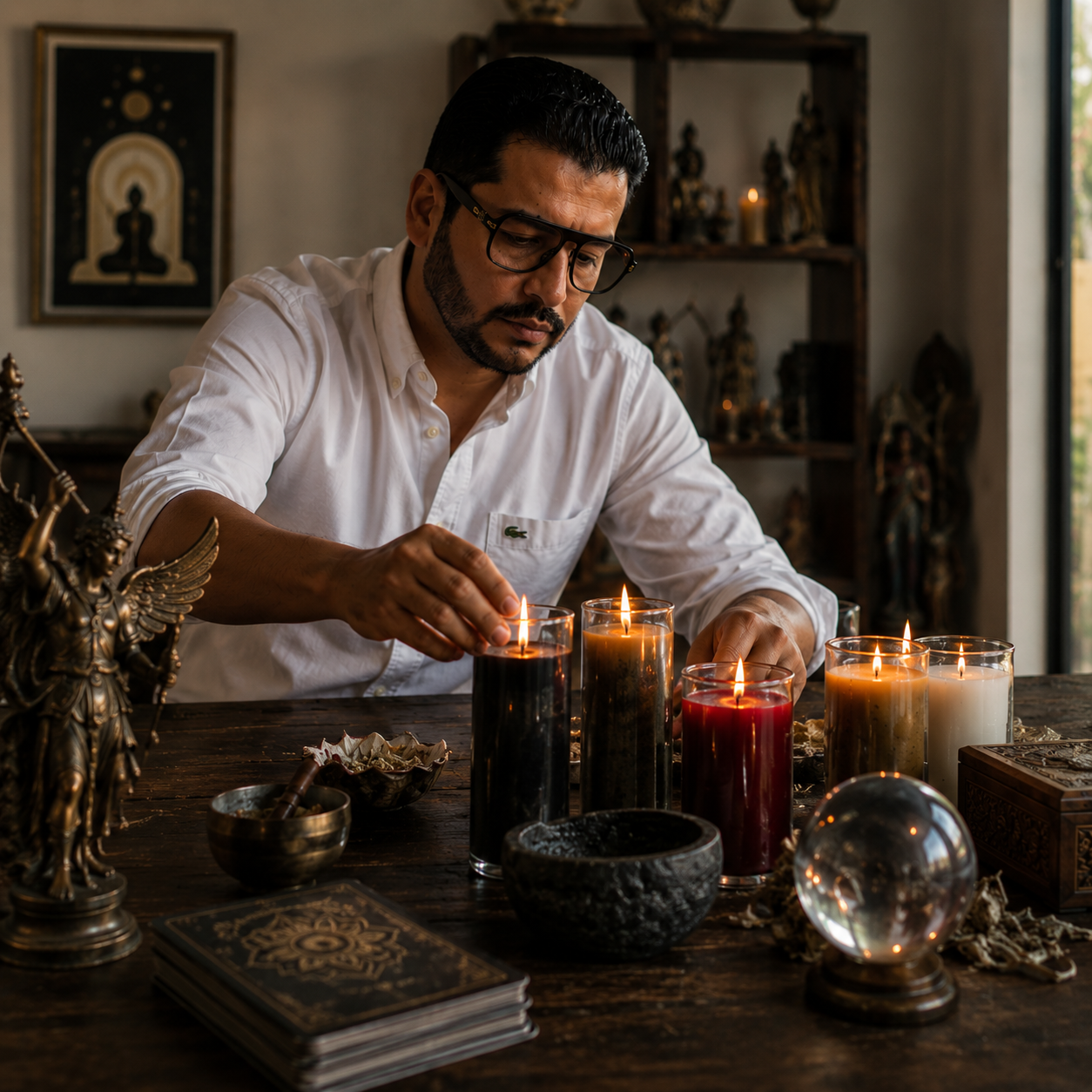 Maestro José Luis encendiendo velas en su mesa de trabajo